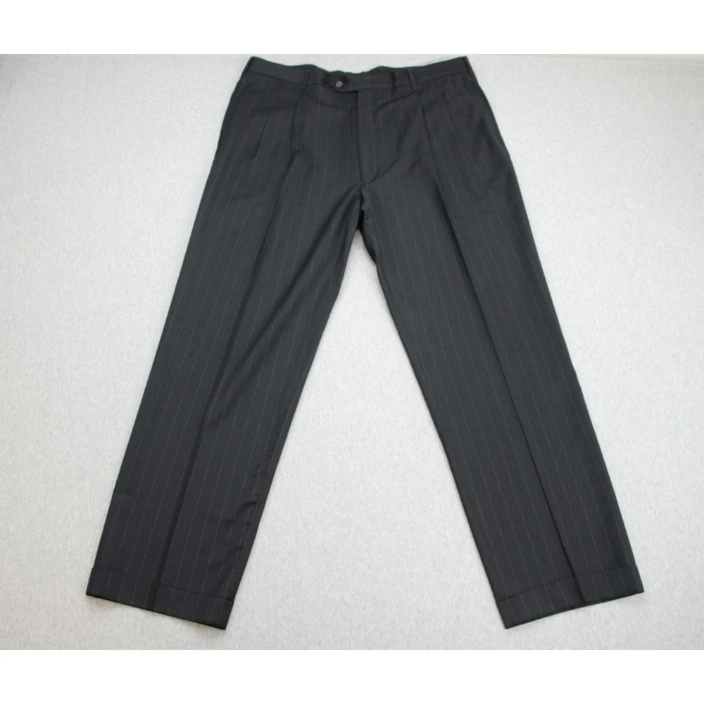 Jos A Bank Suit Mens 48L Black Pinstripe 100% Wool Pants Cuffed Pleated 38 x 30